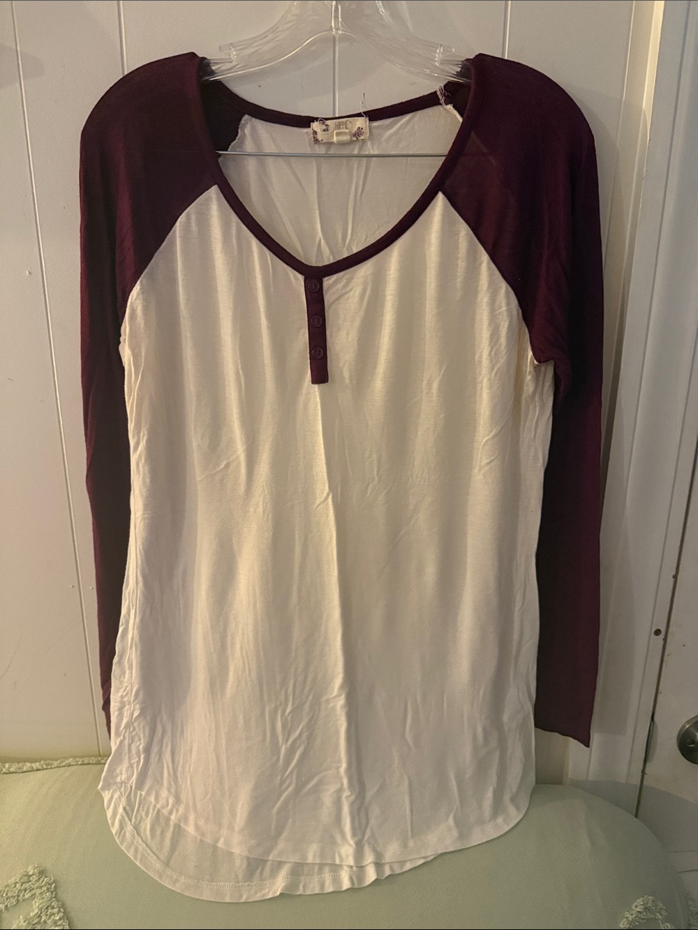Hippie Rose Burgundy and White Raglan Henley Long Sleeve Top